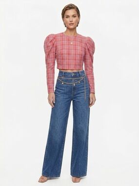 KOCH Pink & Purple Plaid Puff Sleeve Cropped Blouse Size Small